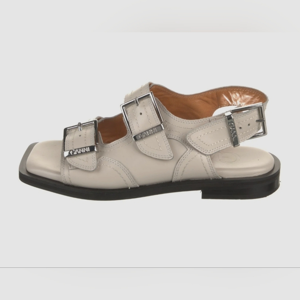 Ganni White Leather Sandals with Silver Buckles